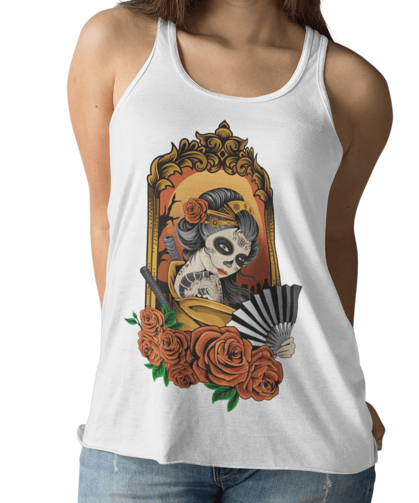  Geisha Skull Tattoo Design Adult Womens Vest Top